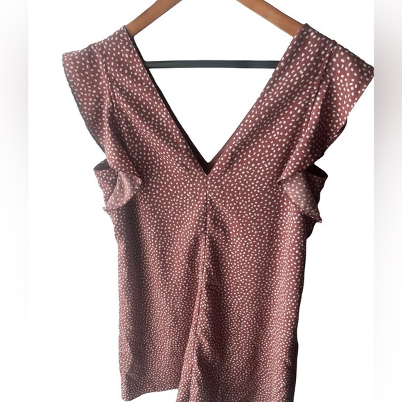 Polka Dot V-Neck Ruffle Sleeve Top - Brown - Picture 3 of 3